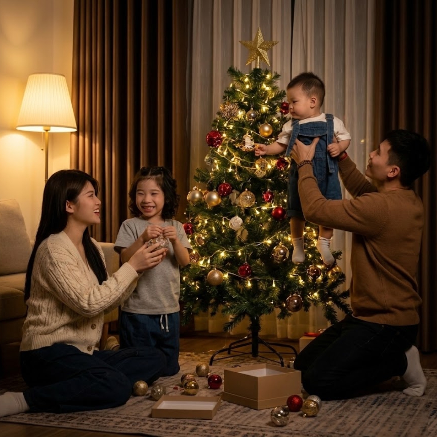 Ảnh gia đình cùng nhau trang trí cây thông, được tạo bởi câu lệnh AI