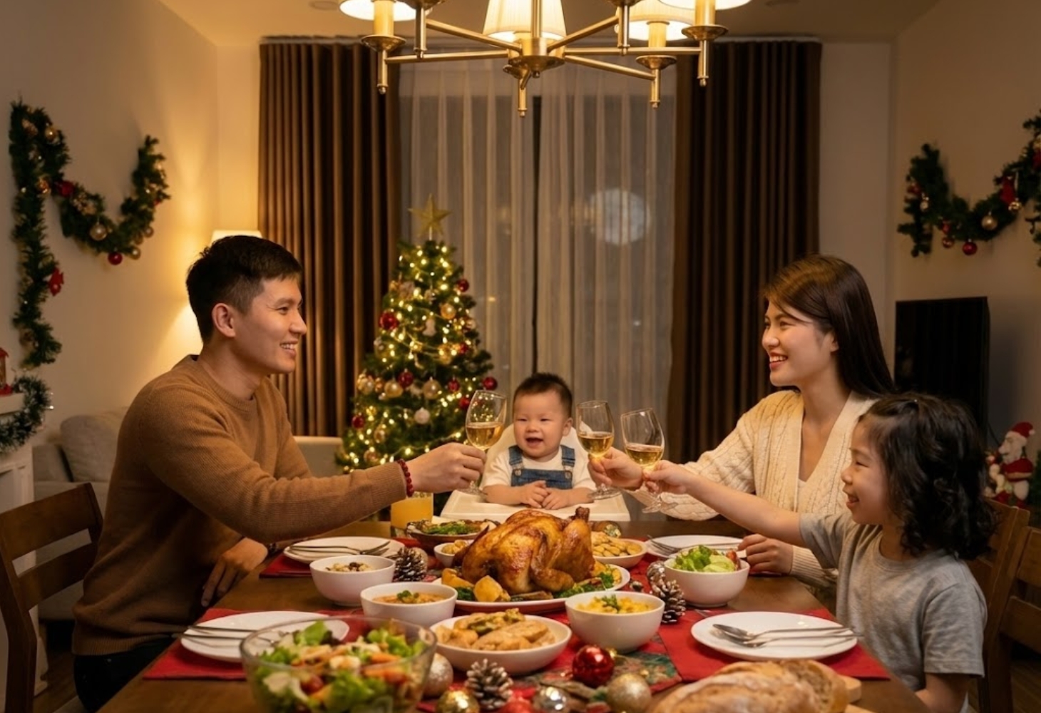 Hình ảnh gia đình cùng nhau ăn bữa ăn Giáng sinh, được tạo bởi AI