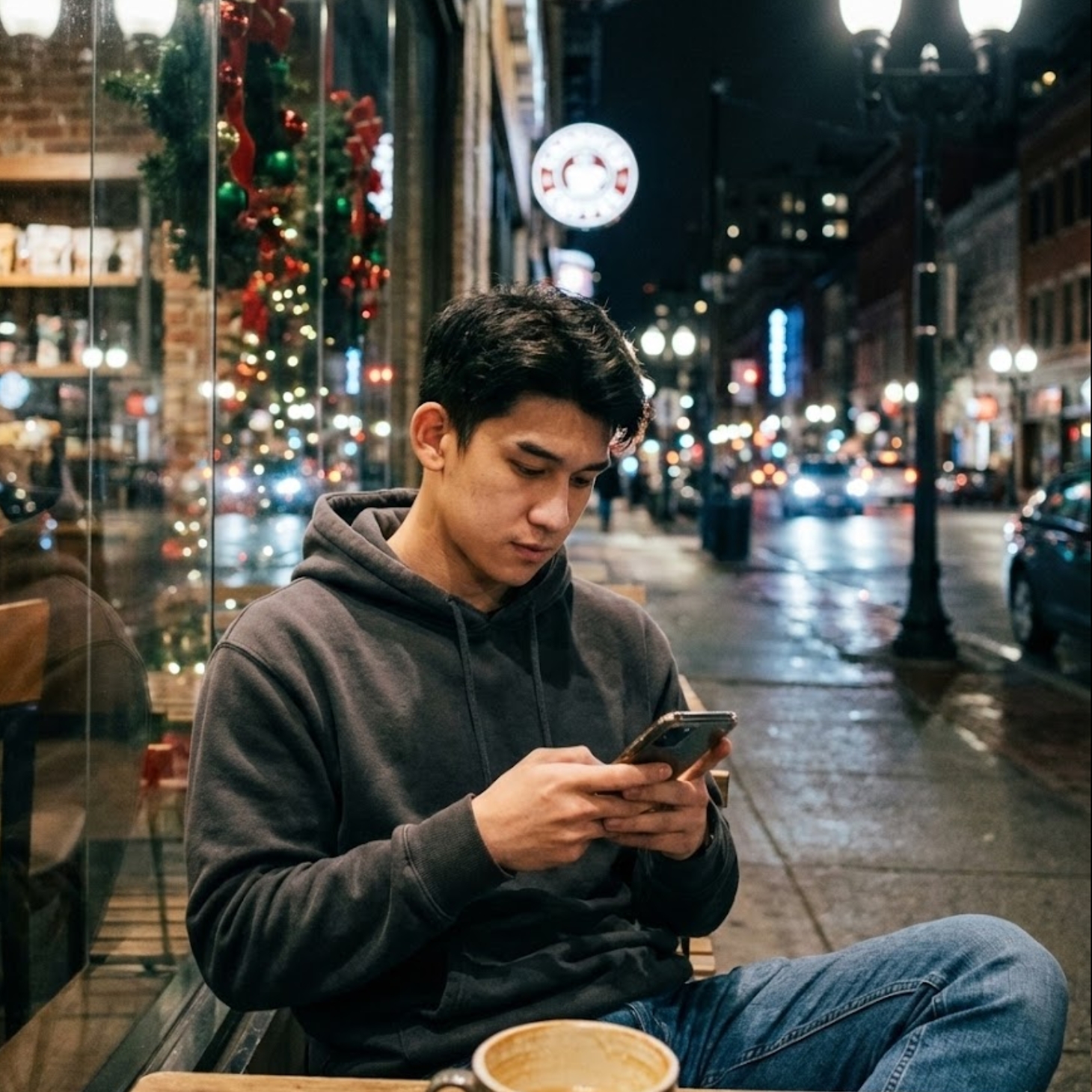 Ảnh chàng trai ngồi bên quán cà phê trong không khí Giáng sinh, được tạo bởi câu lệnh AI