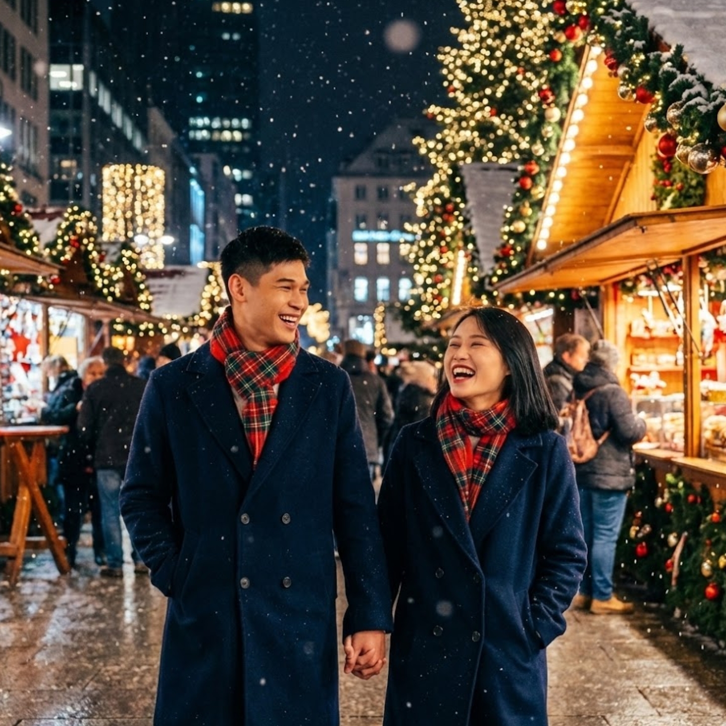 Hình ảnh cặp đôi đang đi dạo lãng mạn trên phố giữa không khí Giáng sinh, được tạo bởi AI