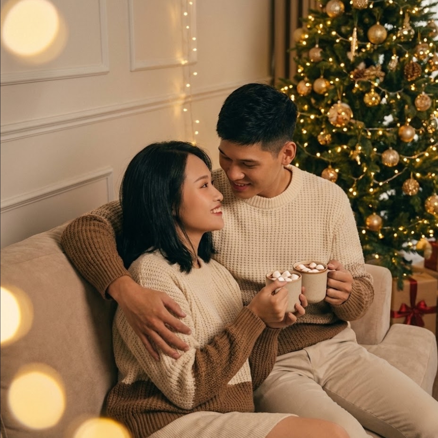 Ảnh cặp đôi ngồi bên nhau ấm cúng bên cây thông, được tạo bởi AI