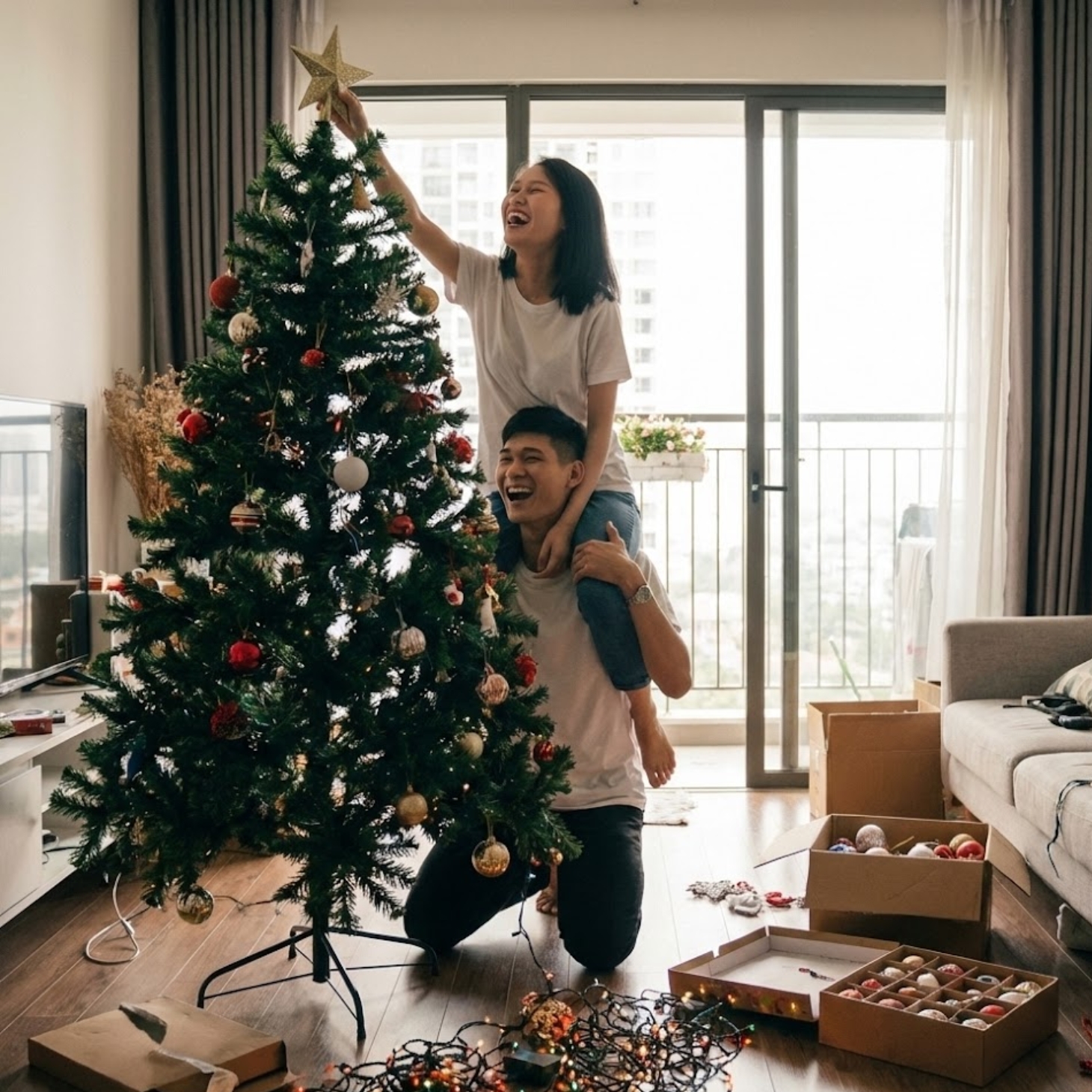 Ảnh cặp đôi cùng nhau trang trí cây thông vui vẻ, tạo bởi AI