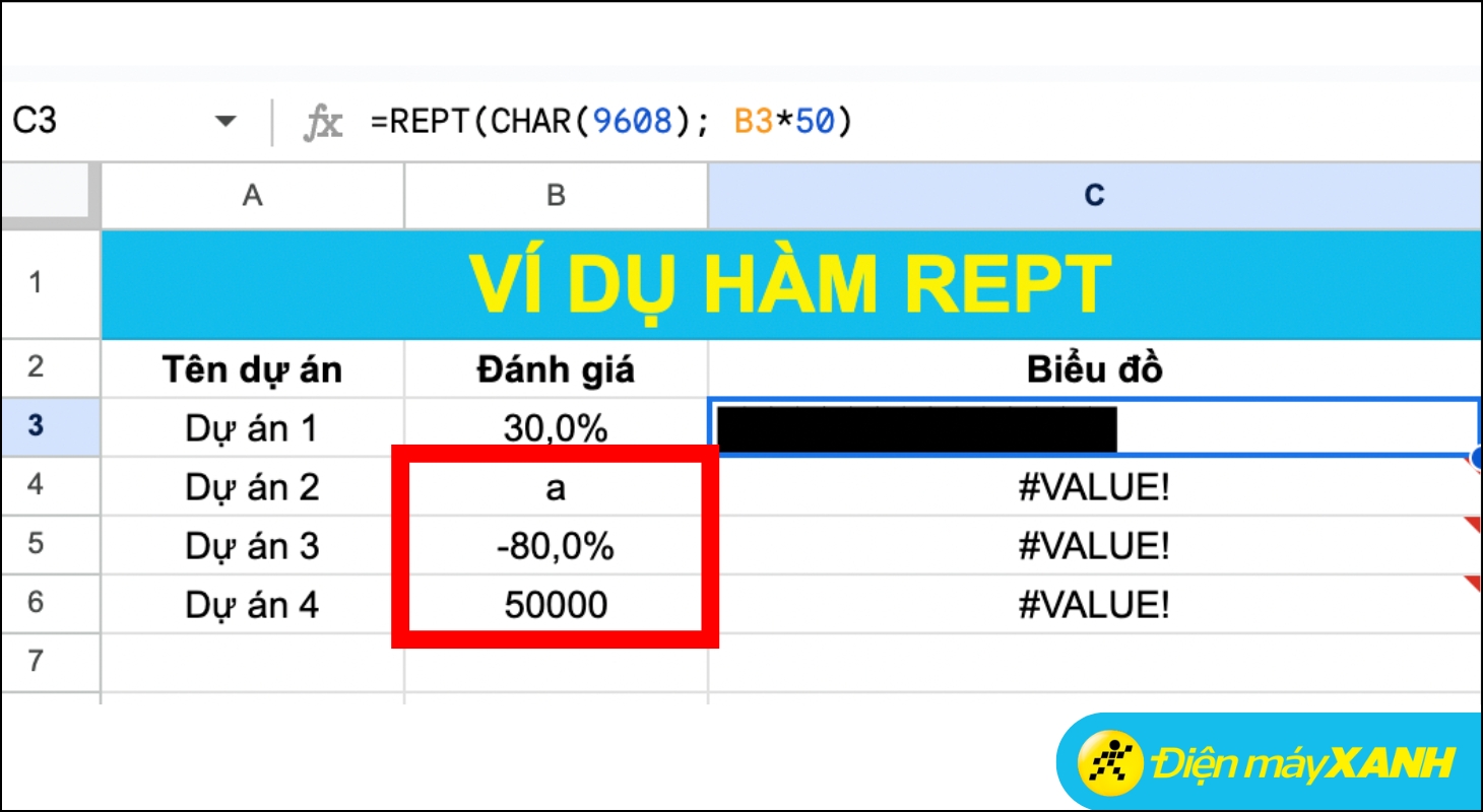Các trường hợp lỗi #VALUE! do sai tham số lần lặp trong hàm REPT