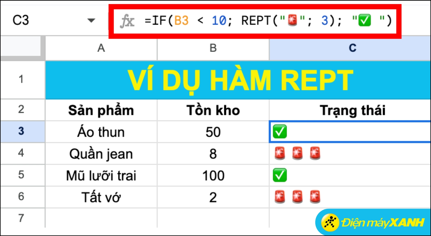 Ví dụ lồng hàm REPT vào hàm IF