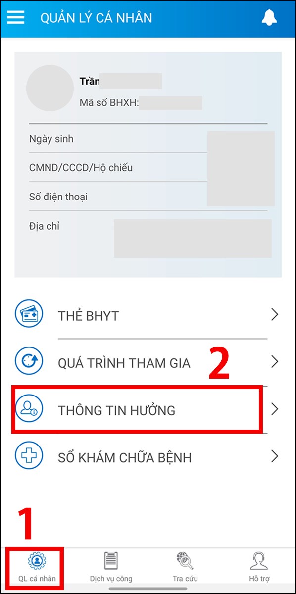 Chọn Quản lý cá nhân rồi chọn tiếp Thông tin hưởng