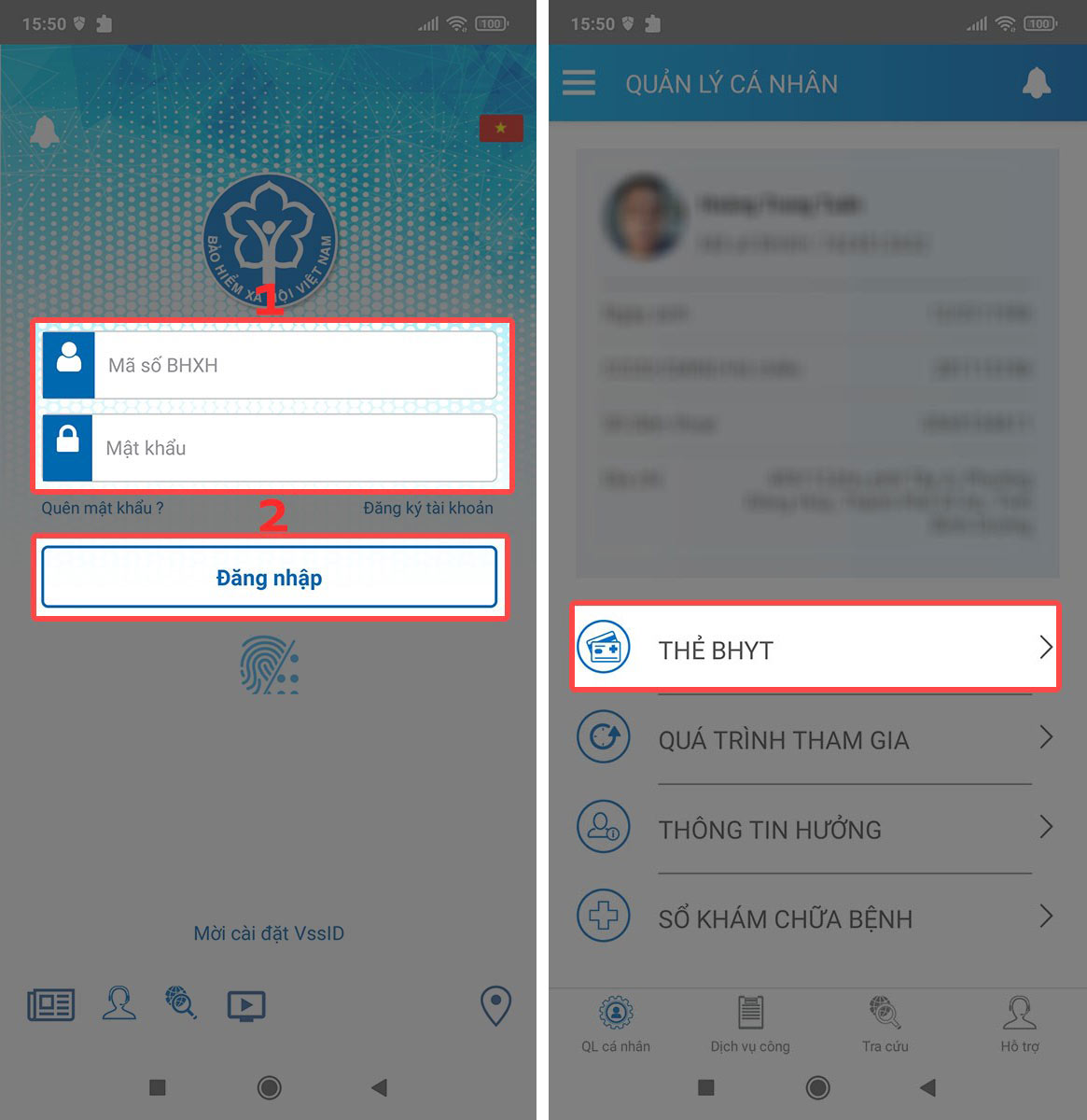 Đăng nhập tài khoản và mật khẩu > Chọn vào mục thẻ BHYT