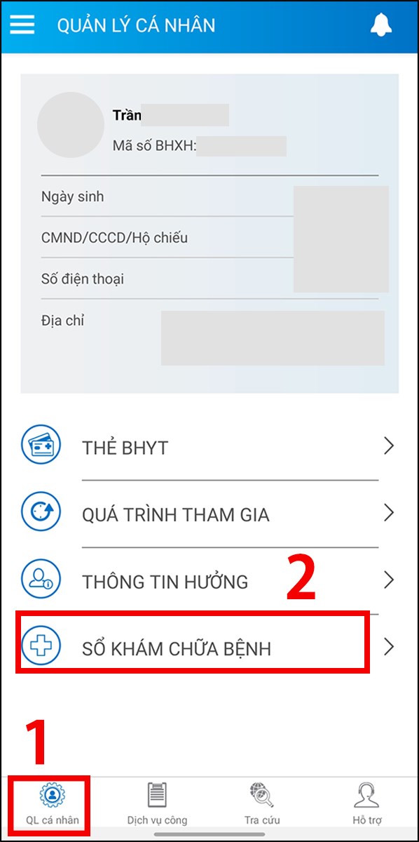 Chọn Quản lý cá nhân rồi chọn tiếp Sổ khám chữa bệnh
