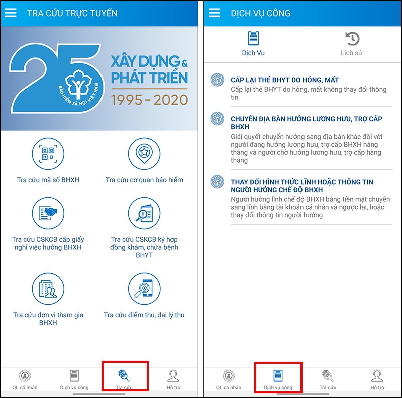 Tra cứu trực tuyến, đăng ký cấp lại thẻ,...