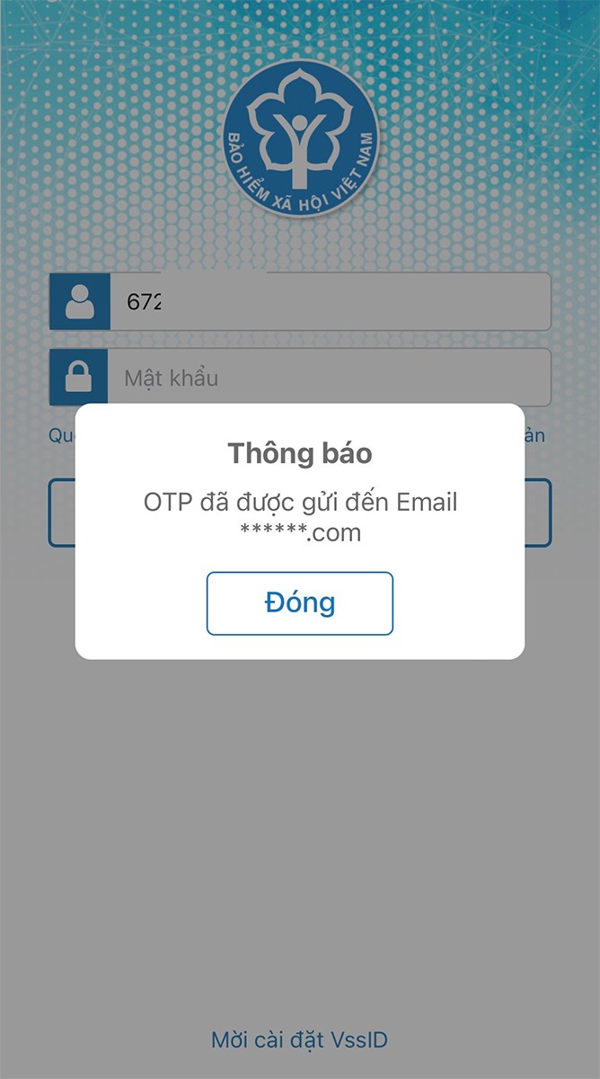 Hệ thống thông báo mã OTP đã gửi đến email. Nhấn Đóng để tiếp tục thao tác