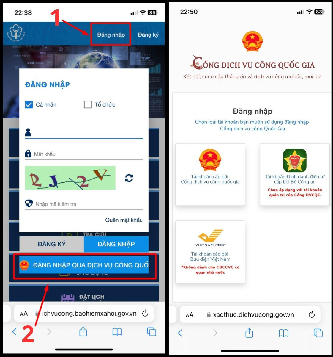 Truy cập cổng BHXH, chọn Đăng nhập và đăng nhập qua dịch vụ công Quốc gia bằng phương thức bạn muốn