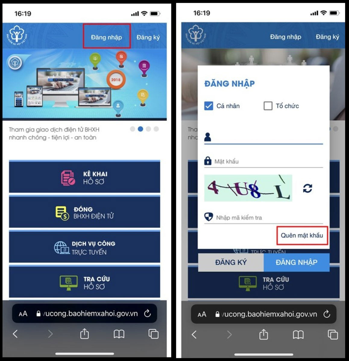 Mở lại cổng dịch vụ công BHXH, vào mục Đăng nhập rồi chọn Quên mật khẩu để bắt đầu khôi phục