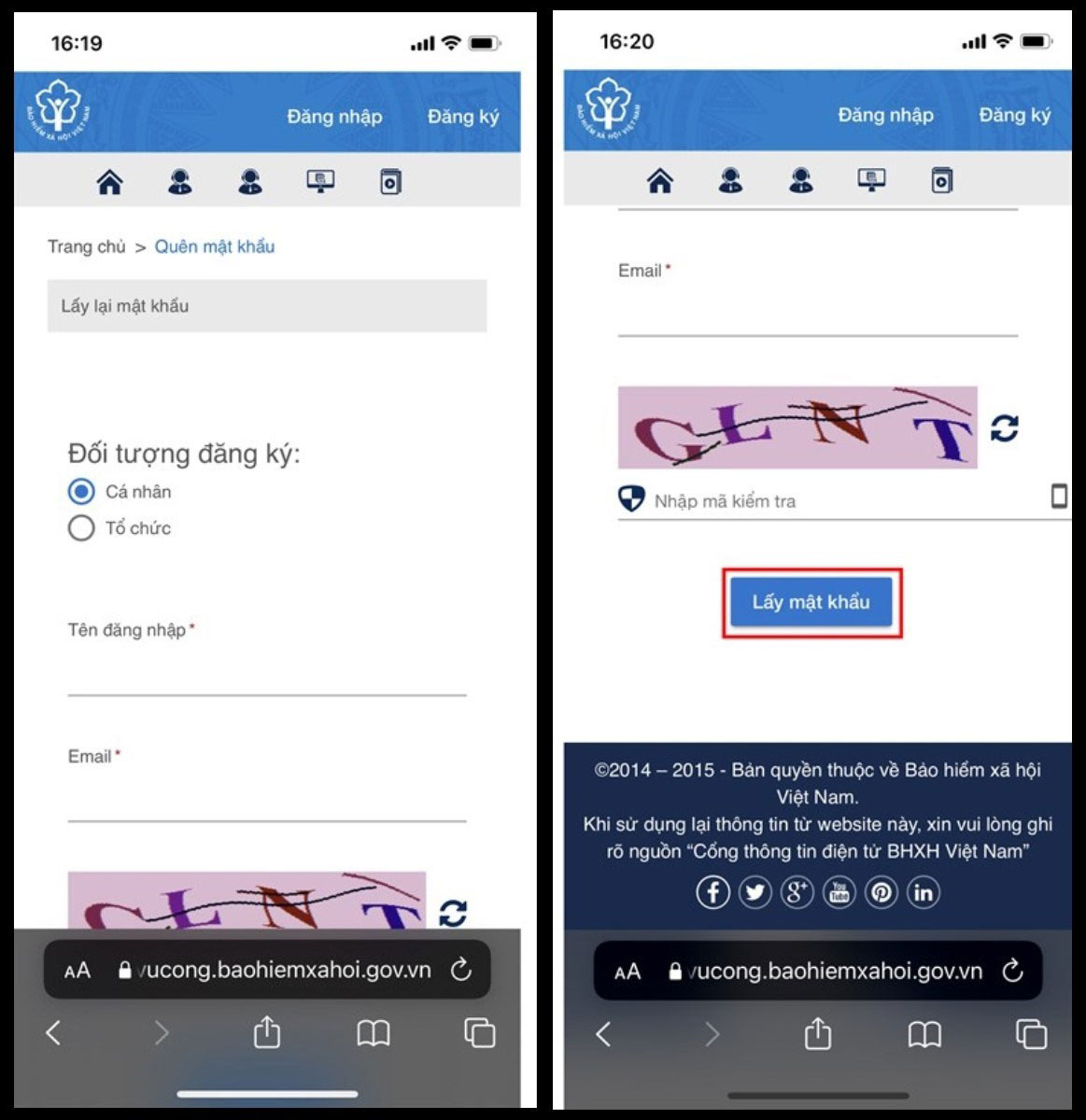 Chọn đối tượng phù hợp, nhập mã BHXH và Email rồi nhấn Lấy mật khẩu để hệ thống gửi mã OTP
