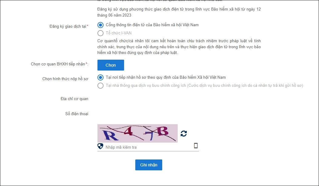 Chọn hình thức nộp và nhấn Ghi nhận Chọn hình thức nộp và nhấn Ghi nhận