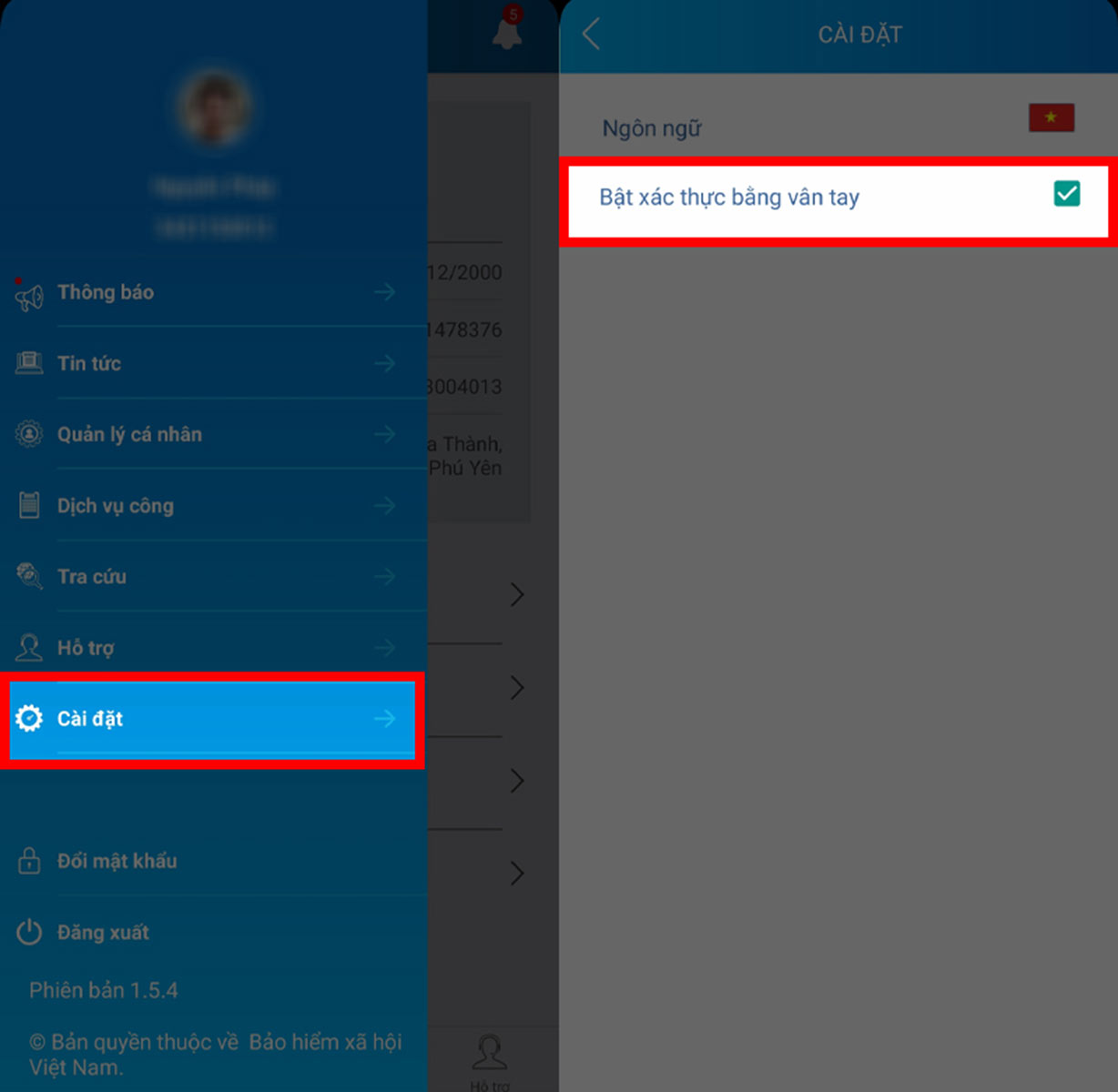 Sau lần đăng nhập đầu tiên, vào Menu (3 gạch) > Cài đặt để bật xác thực vân tay hoặc FaceID Sau lần đăng nhập đầu tiên, vào Menu (3 gạch) > Cài đặt để bật xác thực vân tay hoặc FaceID