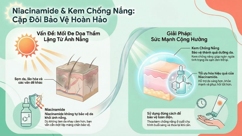 Tuy niacinamide không bắt nắng, nhưng vẫn cần kem chống nắng để bảo vệ da. Tuy niacinamide không bắt nắng, nhưng vẫn cần kem chống nắng để bảo vệ da.