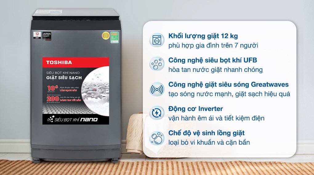 Công nghệ UFB siêu bọt khí Nano của máy giặt Toshiba Inverter 12 kg AW-DUK1300KV (MK) giúp chất giặt thấm sâu sợi vải, đánh bay nhanh vết bẩn cứng đầu