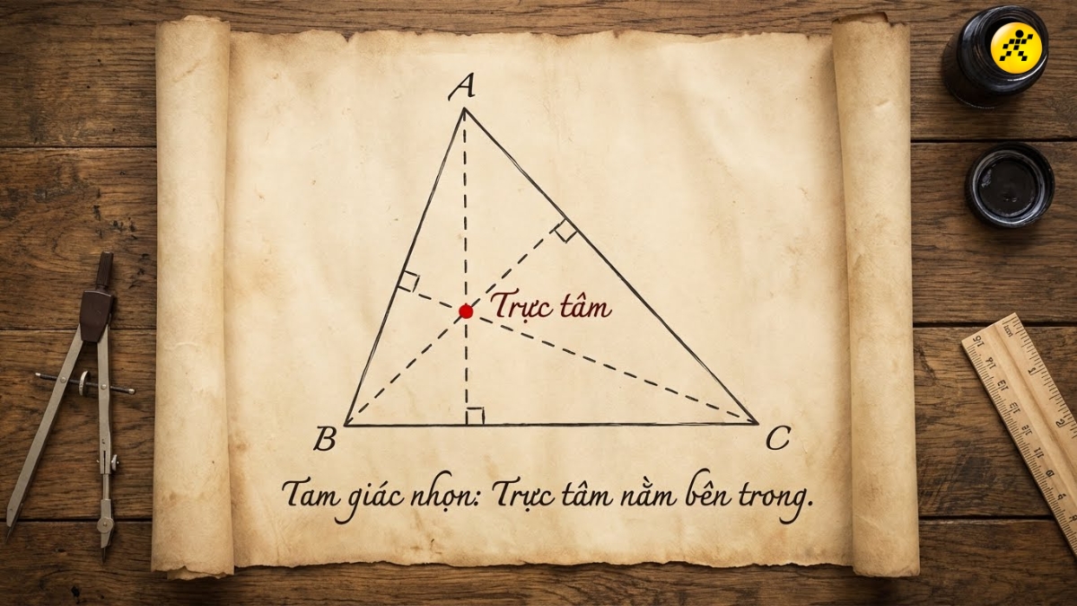 Đối với tam gi&aacute;c nhọn, trực t&acirc;m nằm b&ecirc;n trong tam gi&aacute;c