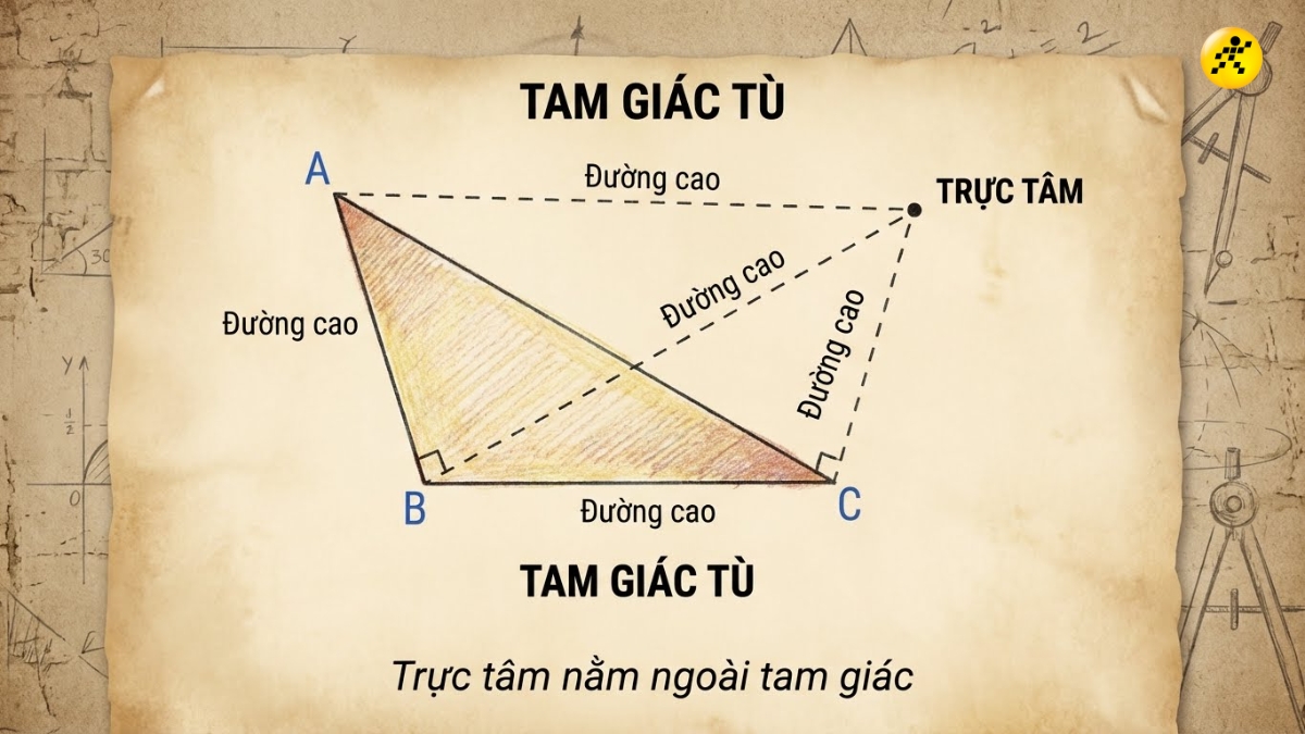 Đối với tam gi&aacute;c t&ugrave;, trực t&acirc;m nằm b&ecirc;n ngo&agrave;i tam gi&aacute;c