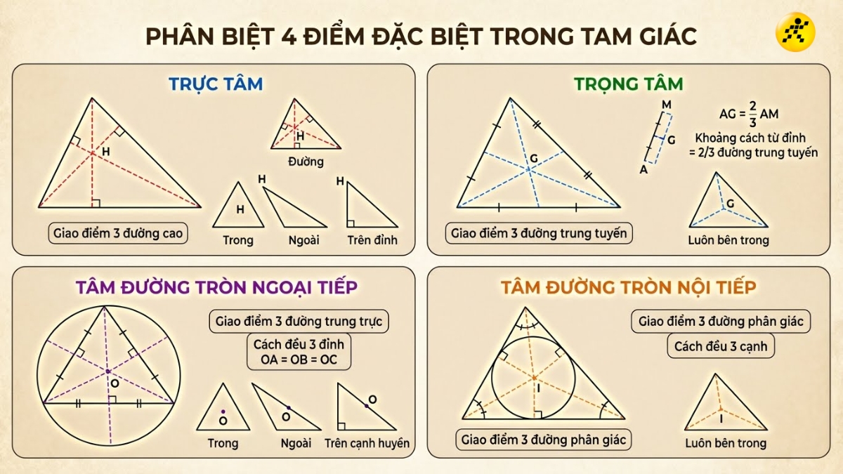 Ph&acirc;n biệt trực t&acirc;m, trọng t&acirc;m, t&acirc;m đường tr&ograve;n ngoại tiếp v&agrave; nội tiếp