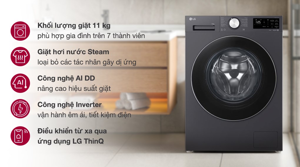 Máy giặt LG AI DD Inverter 11 kg FX1411N5G ứng dụng AI DD phân tích vải, tự điều chỉnh chu trình, bảo vệ sợi vải tối ưu