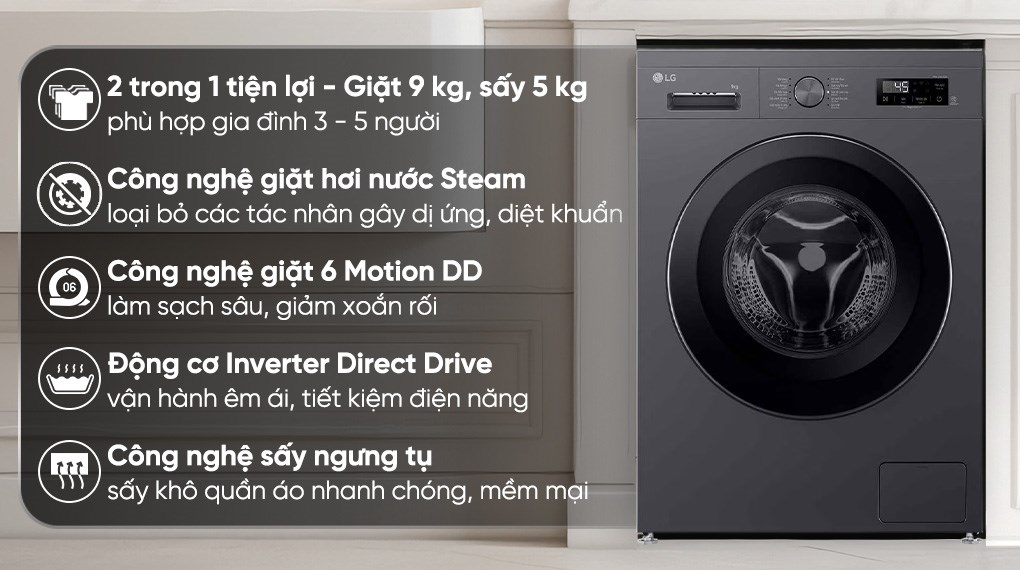 Máy giặt sấy LG Inverter 9kg FB1209D5M dùng sấy ngưng tụ, không cần ống thoát khí, dễ lắp đặt, sấy khô nhanh ngày ẩm