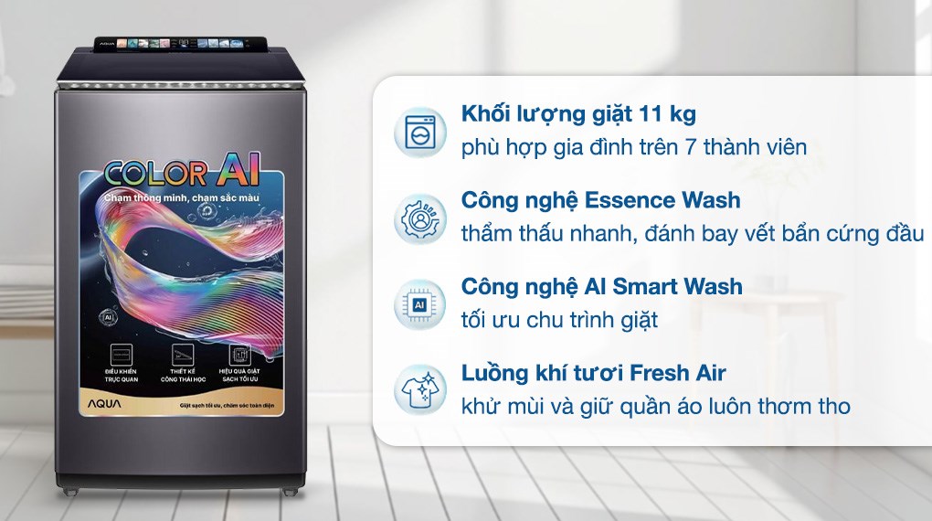 Máy giặt Aqua Inverter 11 kg AWM11-BSR1K(BU) giặt mạnh mẽ, AI Smart Wash tối ưu, bền bỉ cho gia đình đông người Máy giặt Aqua Inverter 11 kg AWM11-BSR1K(BU) giặt mạnh mẽ, AI Smart Wash tối ưu, bền bỉ cho gia đình đông người