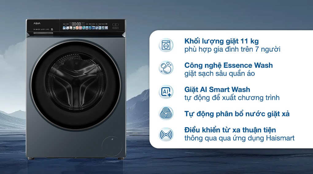 Máy giặt Aqua Inverter 11 kg AW11-BD4377U1L(GN) cửa trước hiện đại, Inverter êm ái, kết nối WiFi tiện lợi Máy giặt Aqua Inverter 11 kg AW11-BD4377U1L(GN) cửa trước hiện đại, Inverter êm ái, kết nối WiFi tiện lợi