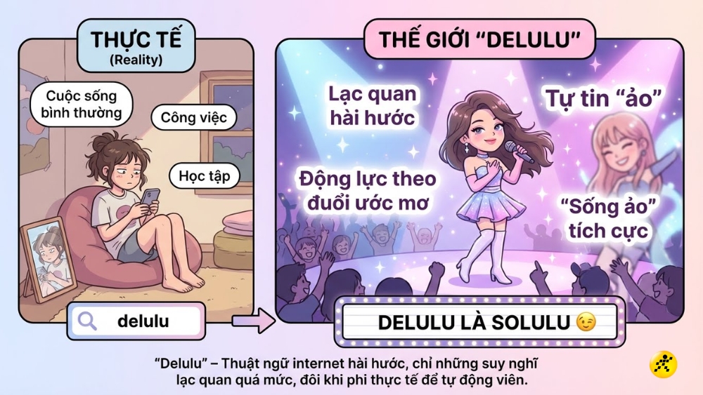 Delulu l&agrave; suy nghĩ, niềm tin hoặc kỳ vọng qu&aacute; lạc quan, xa vời thực tế