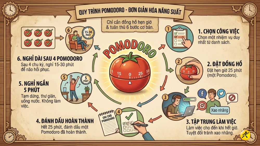 C&aacute;c bước thực hiện một chu tr&igrave;nh Pomodoro