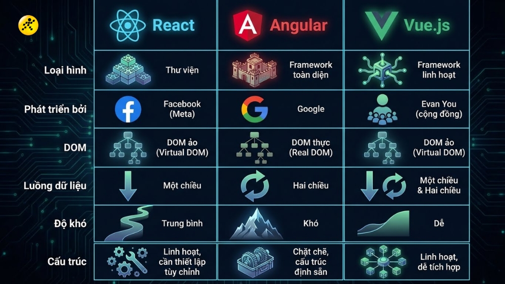 So s&aacute;nh React, Angular v&agrave; Vue.js