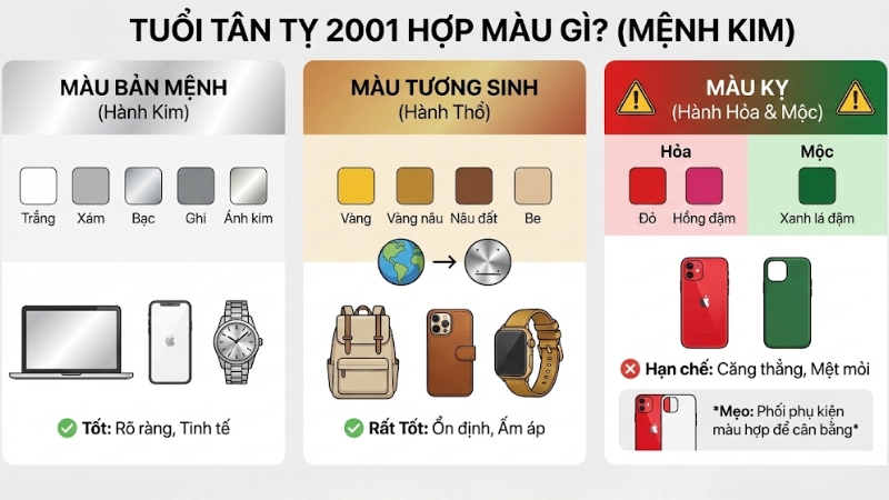 Tuổi T&acirc;n Tỵ 2001 hợp m&agrave;u g&igrave;?