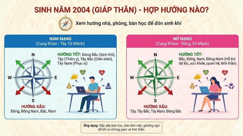 Hướng tốt cho người sinh năm 2004 gồm Đ&ocirc;ng Bắc, T&acirc;y, T&acirc;y Bắc, T&acirc;y Nam