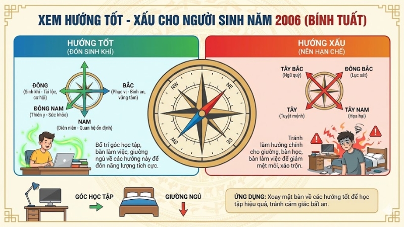 Người sinh năm 2006 n&ecirc;n cố gắng xoay mặt về Đ&ocirc;ng, Đ&ocirc;ng Nam, Nam hoặc Bắc