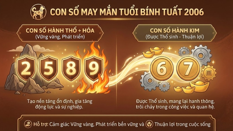 Số may mắn gợi &yacute; cho tuổi B&iacute;nh Tuất 2006 l&agrave; 2, 5, 8, 9, 6, 7