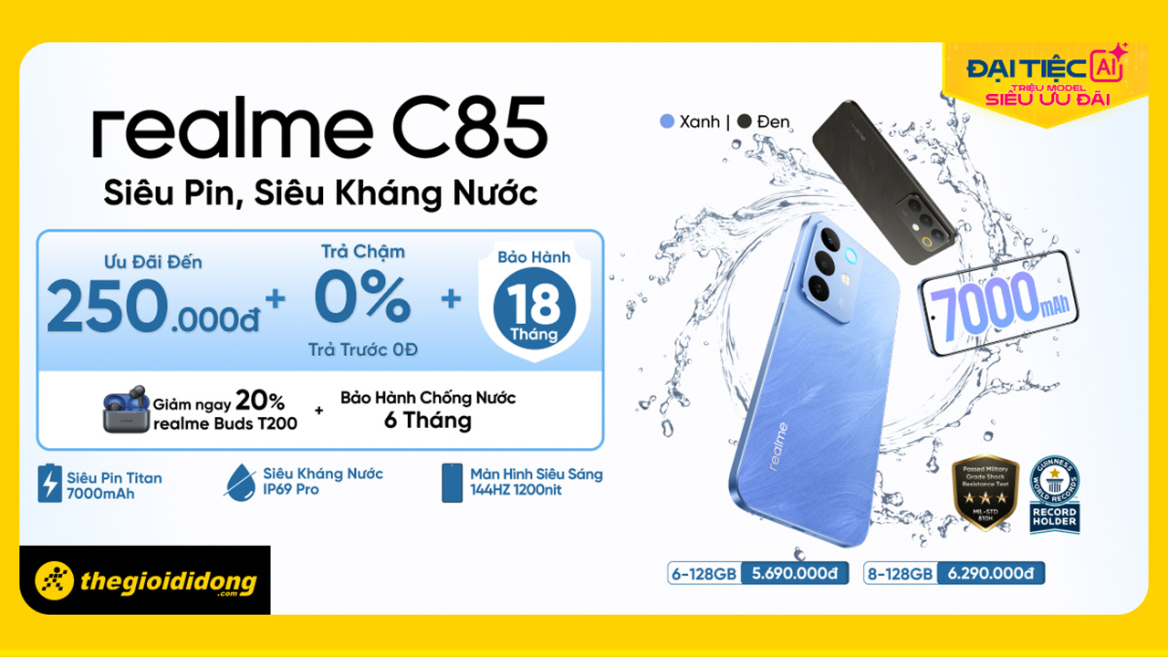 Hotsale mở bán realme C85 4G, giảm 200K hoặc tặng phiếu mua hàng 250K mua phụ kiện, trả chậm 0%, trả trước 0đ
