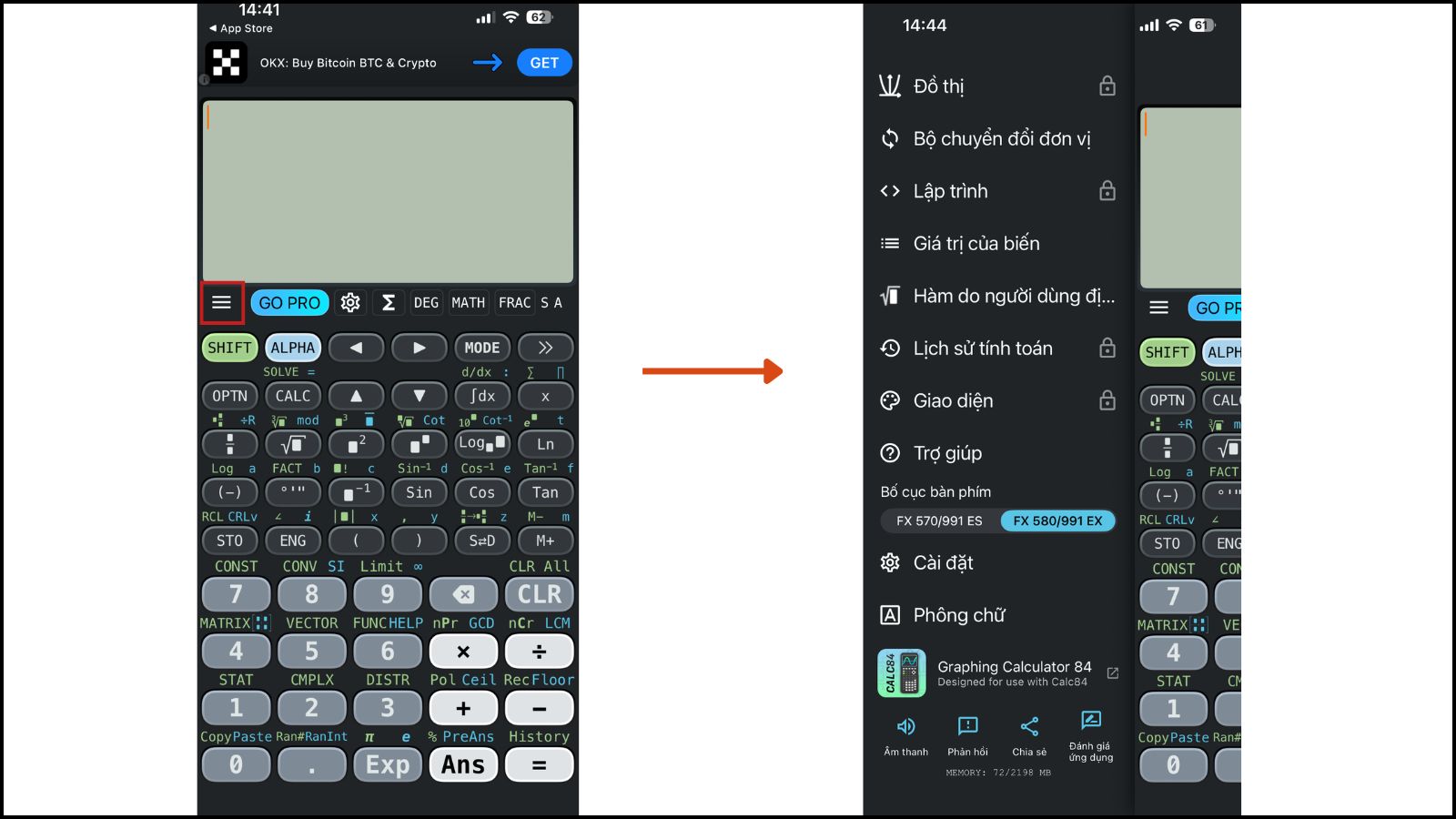 Giả lập m&aacute;y t&iacute;nh Casio 580 tr&ecirc;n iPhone