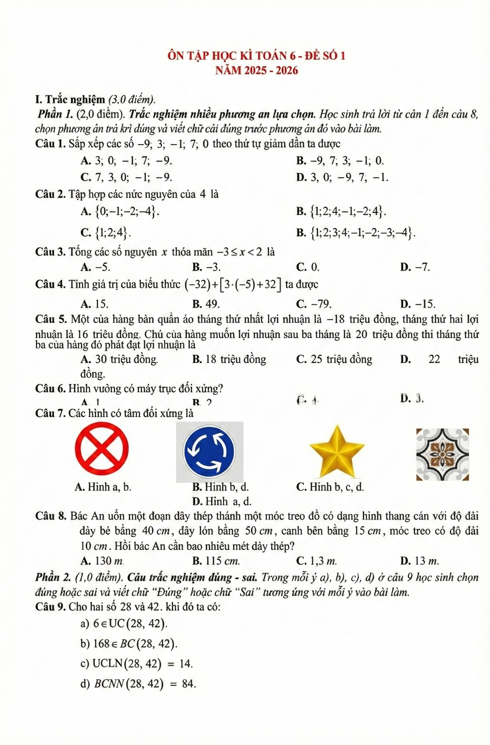Đề thi Toán 6 học kì 1 phần trắc nghiệm