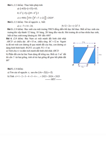 Đề thi Toán 6 học kì 1 phần tự luận