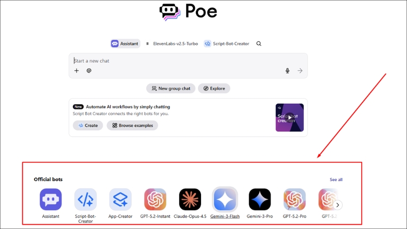 Chọn bot v&agrave; bắt đầu chat