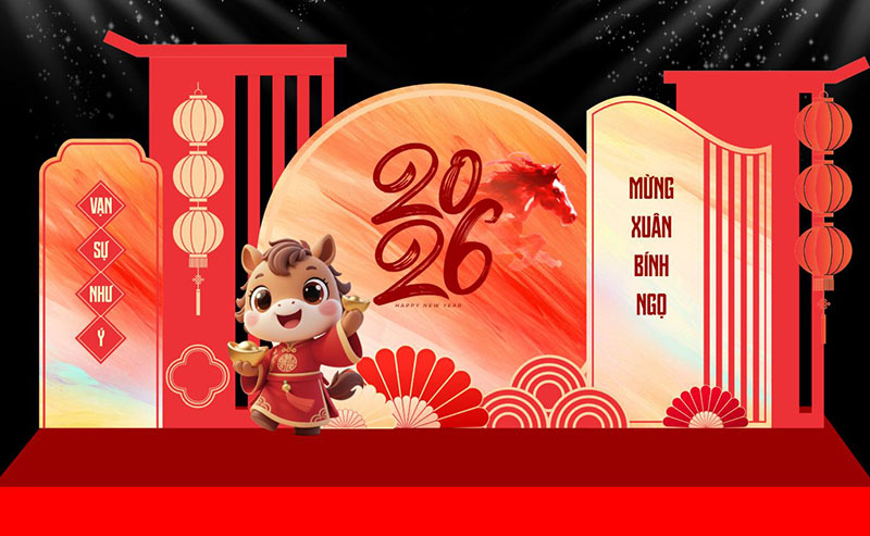 Backdrop đỏ vàng, linh vật ngựa, hoa mai đào mang không khí Tết sum vầy, may mắn, thịnh vượng