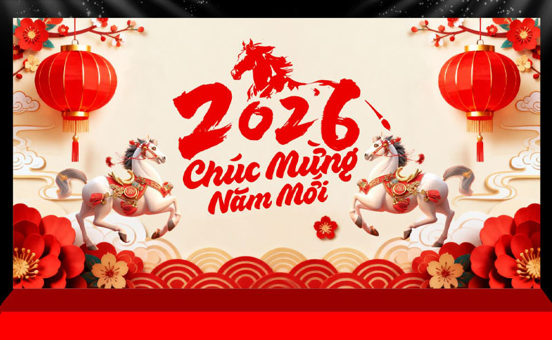 Backdrop đỏ vàng, linh vật ngựa, hoa mai đào mang không khí Tết sum vầy, may mắn, thịnh vượng