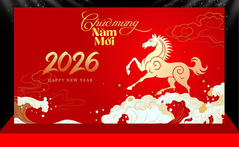 Backdrop đỏ vàng, linh vật ngựa, hoa mai đào mang không khí Tết sum vầy, may mắn, thịnh vượng