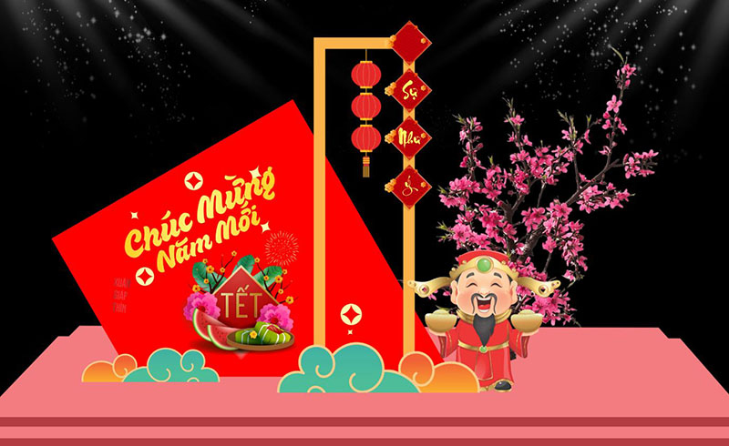 Backdrop đỏ vàng, linh vật ngựa, hoa mai đào mang không khí Tết sum vầy, may mắn, thịnh vượng