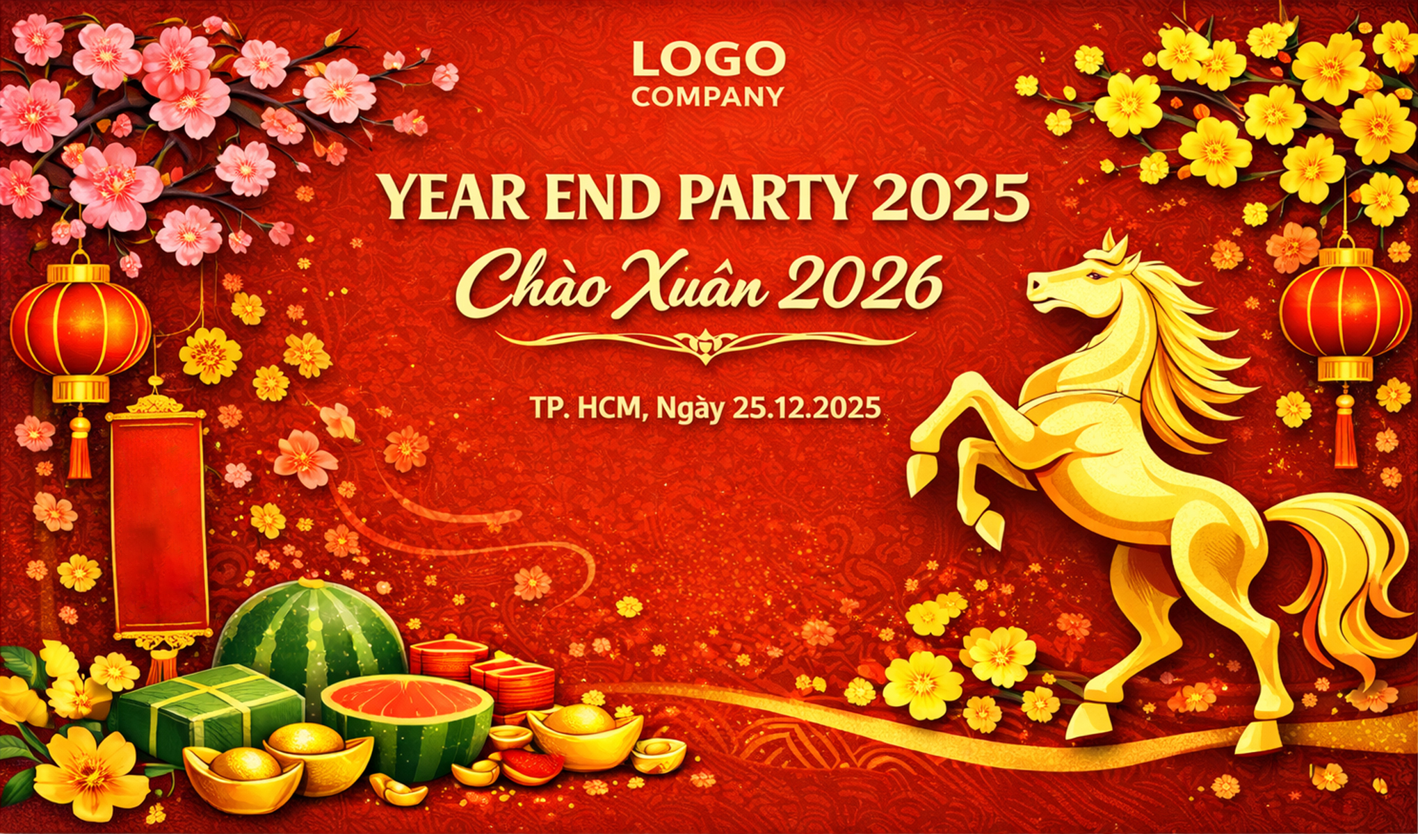 Backdrop đỏ vàng, linh vật ngựa, hoa mai đào mang không khí Tết sum vầy, may mắn, thịnh vượng
