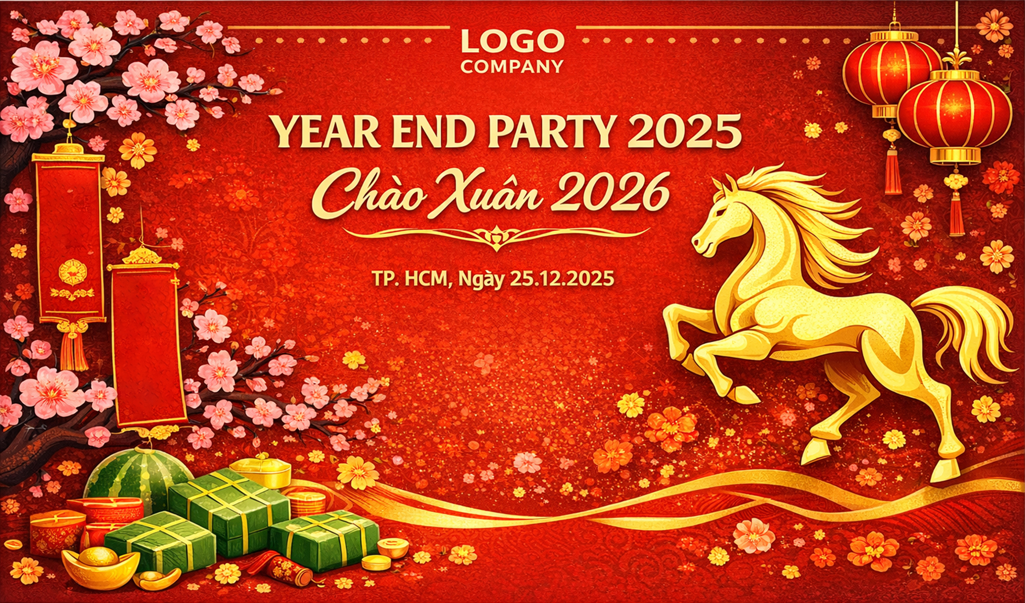 Backdrop đỏ vàng, linh vật ngựa, hoa mai đào mang không khí Tết sum vầy, may mắn, thịnh vượng