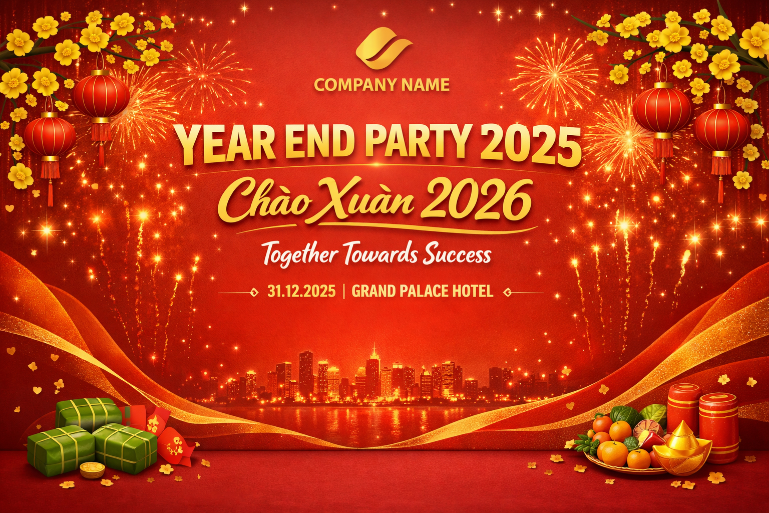 Backdrop đỏ vàng, linh vật ngựa, hoa mai đào mang không khí Tết sum vầy, may mắn, thịnh vượng