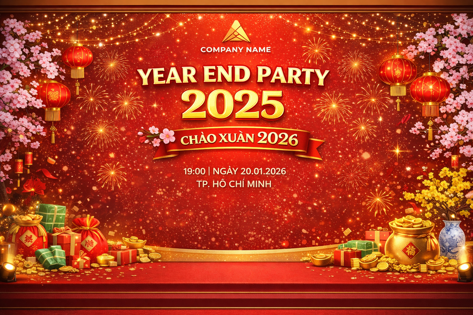 Backdrop đỏ vàng, linh vật ngựa, hoa mai đào mang không khí Tết sum vầy, may mắn, thịnh vượng