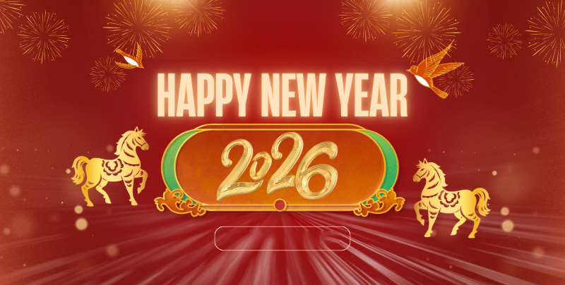 Backdrop đỏ vàng, linh vật ngựa, hoa mai đào mang không khí Tết sum vầy, may mắn, thịnh vượng