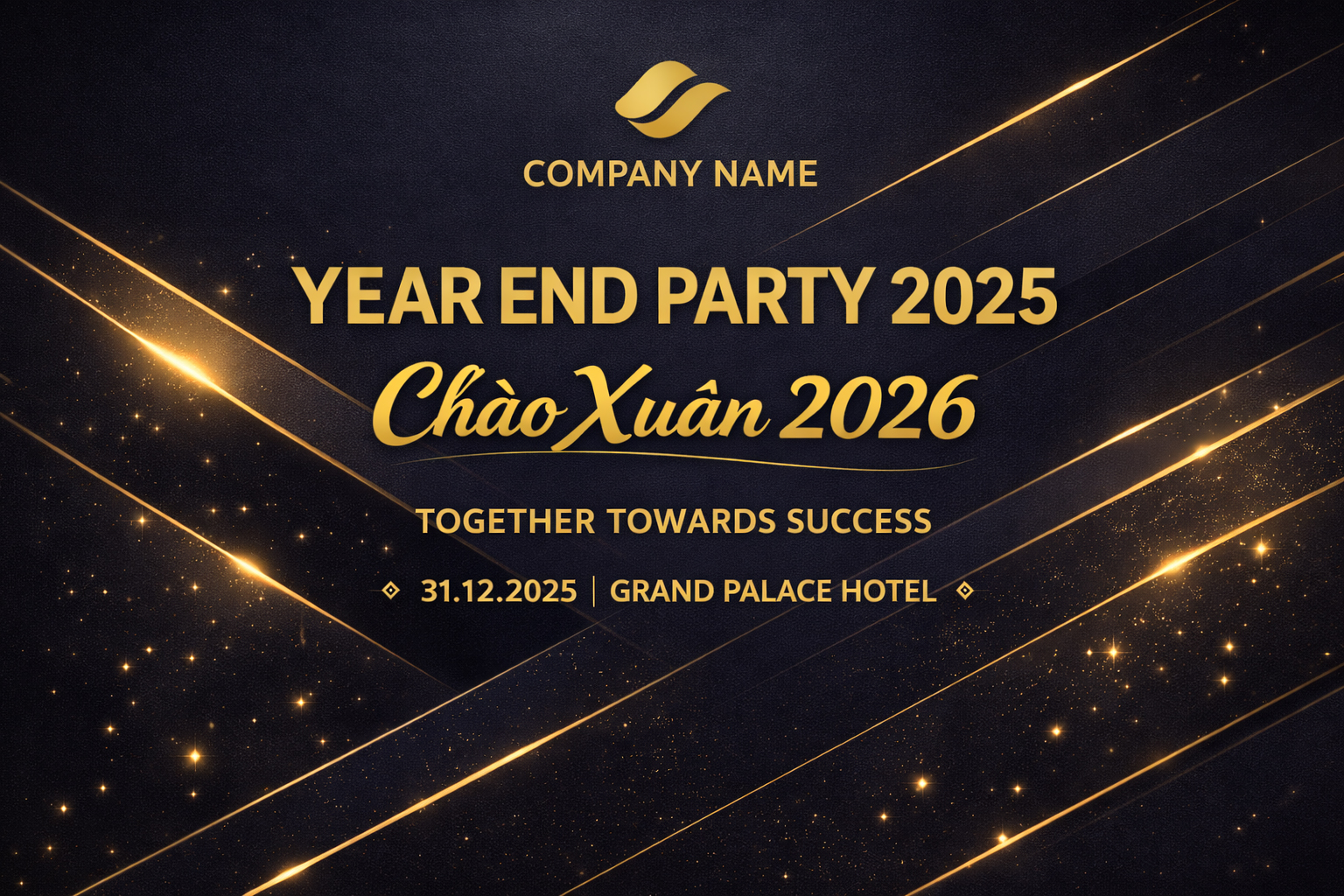 Backdrop tông tối phối gold ánh kim, chữ gãy gọn, tạo vẻ sang trọng cho Gala tất niên đẳng cấp