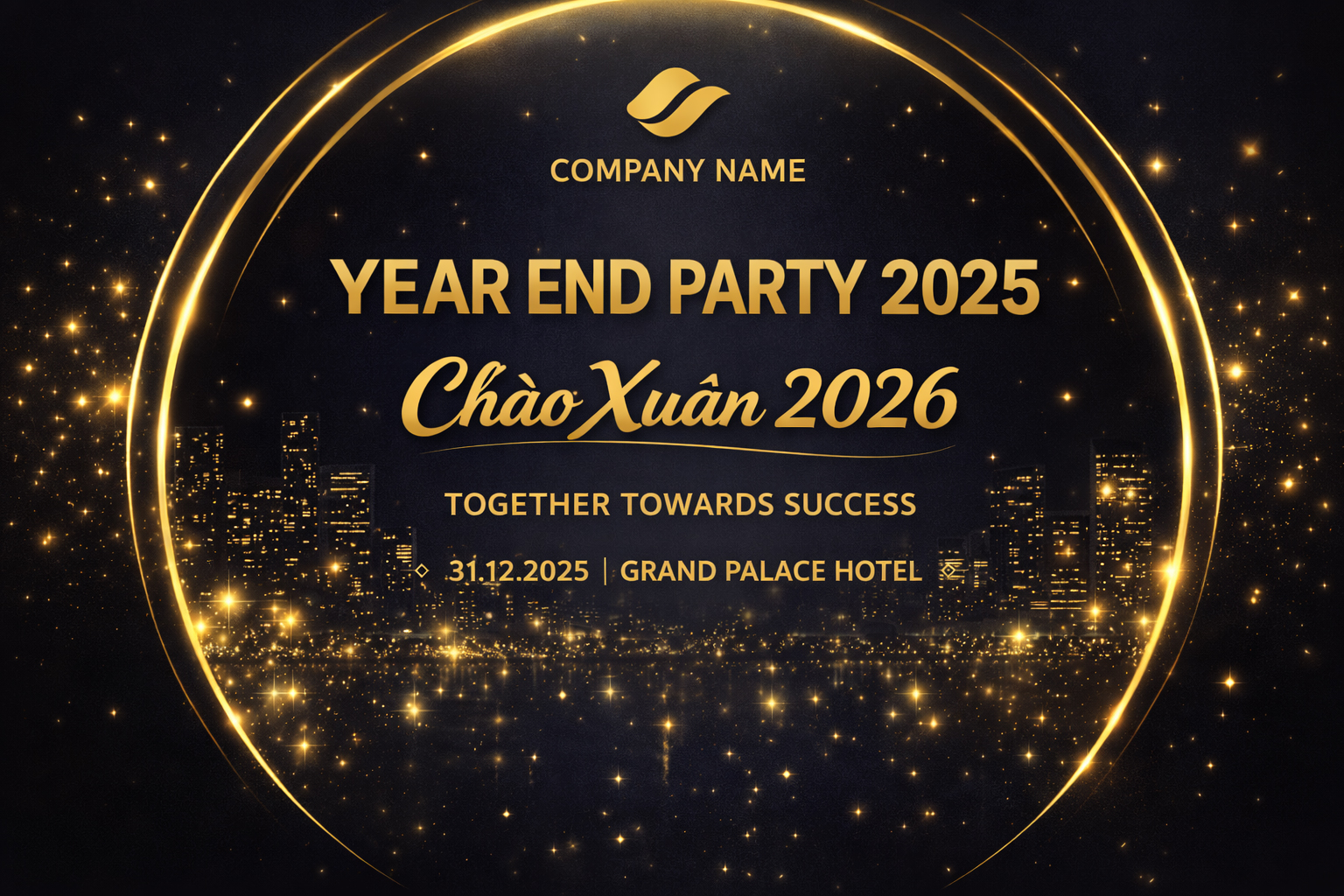 Backdrop tông tối phối gold ánh kim, chữ gãy gọn, tạo vẻ sang trọng cho Gala tất niên đẳng cấp